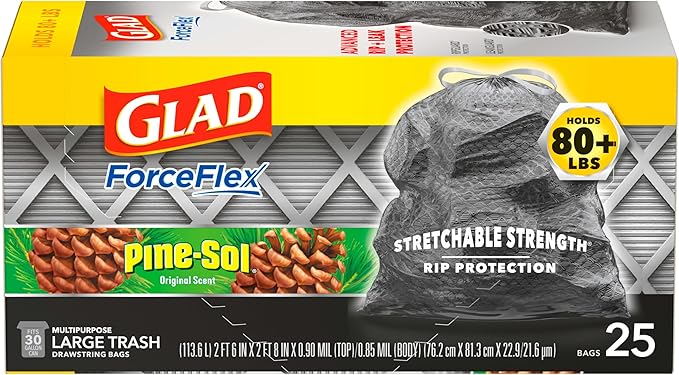Glad Large 30 Gallon Trash Bags, Pine-Sol Heavy Duty Garbage Bags, Forceflex with Drawstring, 25 Count (Packaging May Vary)