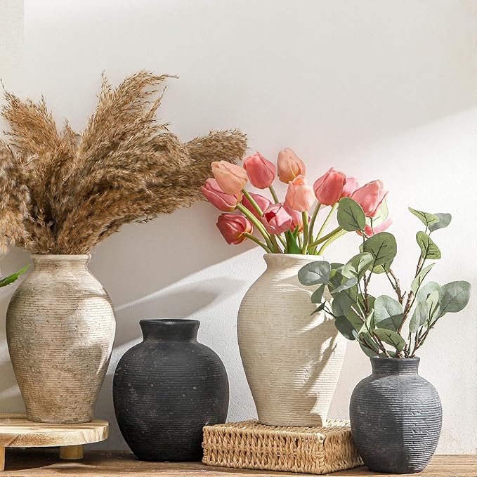 Ceramic Flower Vase Home Decor - Small Farmhouse Table Vases Rustic Vintage Living Room Kitchen Bedroom Decorations for House Book Shelf Office Coffee Desk Dining Fireplace (6" Black)