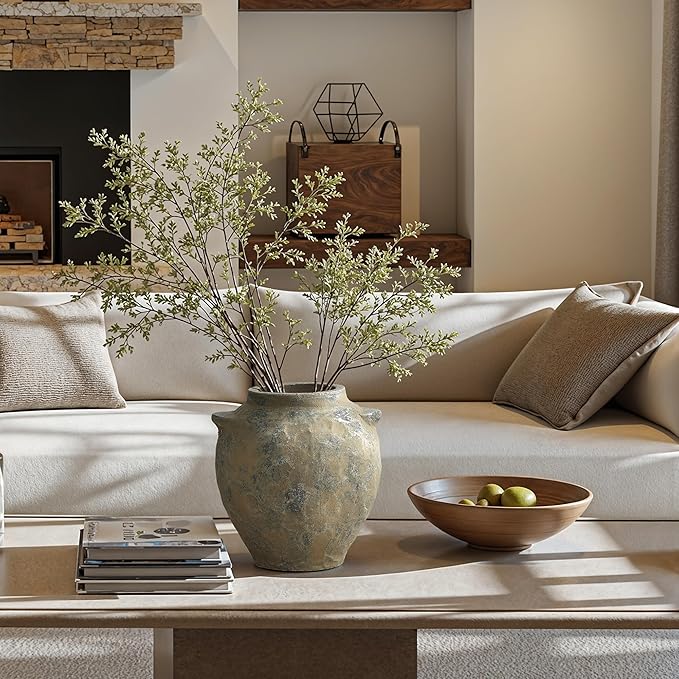 LuxenHome Rustic Ceramic Vase, 11" Tall Old-World Brown with Gray Round Terracotta Vases with Handles, Vintage Pottery Decorative Vase for Shelf Dining Table, Farmhouse Flower Vase for Home Decor