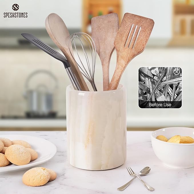 Marble Utensil Holder 6.5 Inch White Onyx Wooden Cooking Utensils Set & Spatula Organizer for Kitchen Counter Decor, Utensil Crock & Stone Caddy for Spoon Holder & Modern Farmhouse Decor