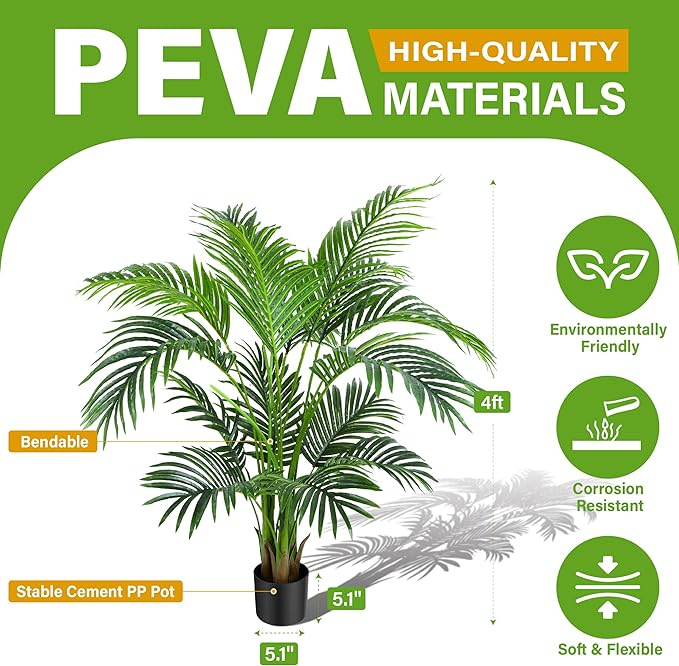 KOL 4ft Artificial Areca Palm Tree Plant, 47in Fake Cane Palm Silk Tree Indoor Outdoor, Dypsis Lutescens, Realistic Faux Silk Plants for Office Home Garden Decoration, Lifelike Modern Decor