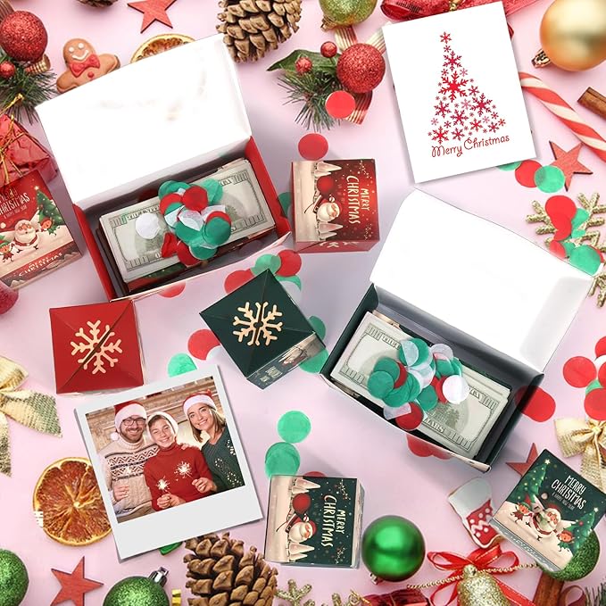 BABORUI Christmas Surprise Gift Box Explosion for Money With Confetti, Seeroze Surprise Money Box for Cash Gift (Red Snowman)