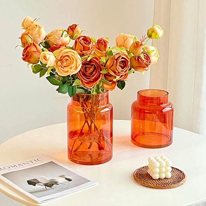 BLOFLO Orange Glass Vase, 9 Inch Large Glass Vase for Flowers, Modern Thick Glass Flower Vases for Centerpieces, Decorative Glass Cylinder Hydroponic Vase for Wedding, Home, Office (Orange, 9Inch)