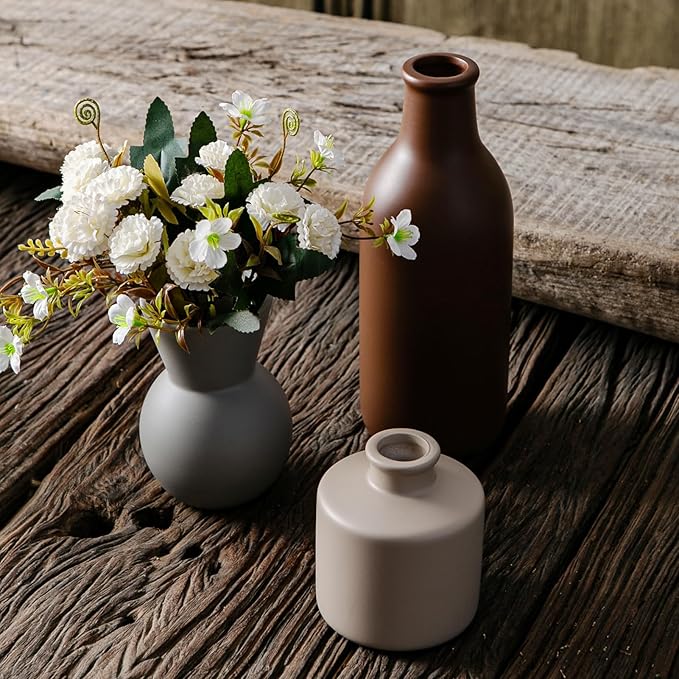 Fake Flowers in Vase for Centerpieces, Faux Flowers in Modern Ceramic Vase Set of 3 with 8 Artificial Autumn Chrysanthemums Artificial Decorative Swags