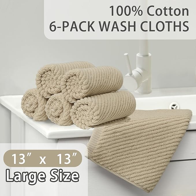 VOOVA & MOVAS Beige Face Cloths, (6PC, 13"x13") - 100% Cotton | Lightweight | Thick | Quick Dry | Soft | Absorbent, Wash Cloths for Showering & Bathroom, Bathroom Essentials, Dark Tan