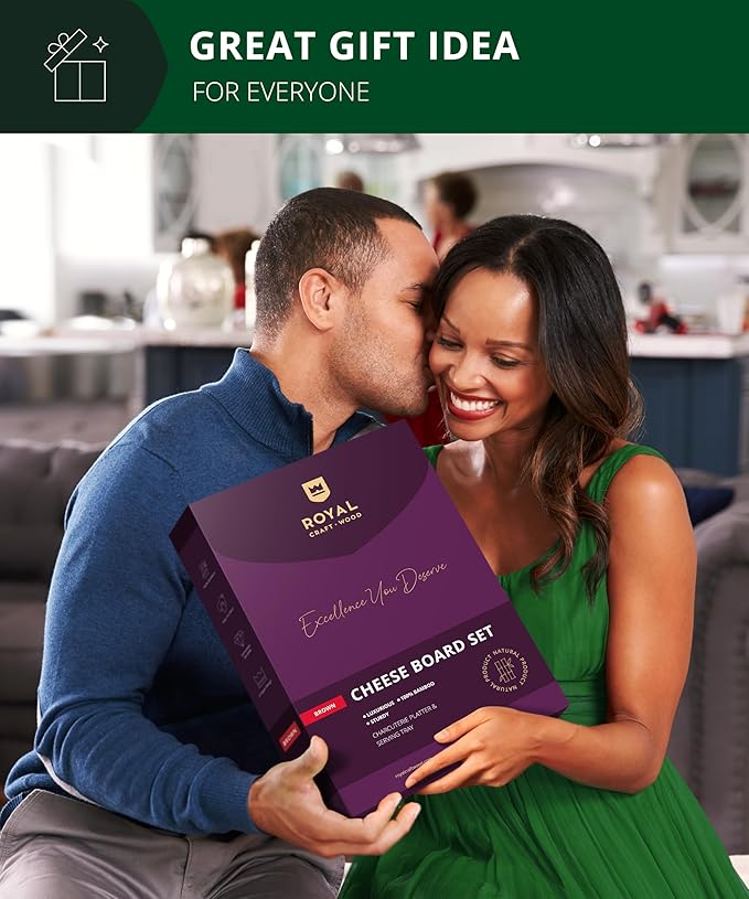 ROYAL CRAFT WOOD Bamboo Charcuterie Boards - Cheese Board Set with 2 Sauce Bowls, 4 Knives - Unique Charcuterie Board & Serving Tray - House Warming Gifts New Home Gifts