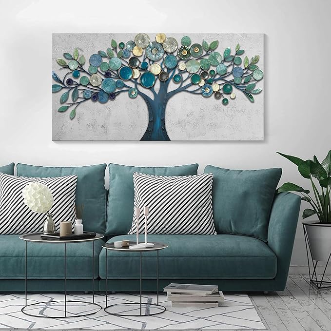 CHATYOUNG Wall Art Living Room - Large Teal Blue Tree of Life Abstract Landscape Painting Modern Print Artwork for Dining Room Bedroom Bathroom Office Home Decor 48"x24"