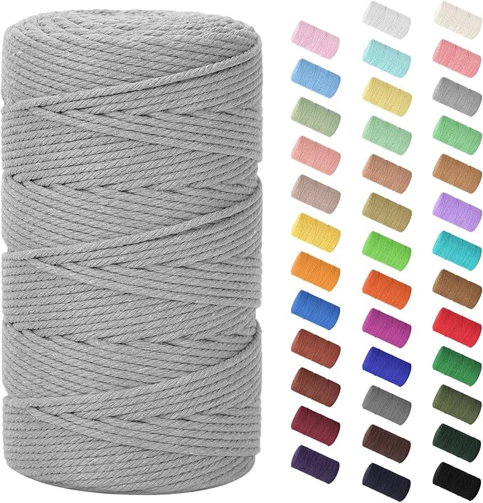 HOMEBOBO Macrame Cord 3mm x 220Yards (656Feet)Natural Cotton Macrame Rope - 4 Strands Twisted Macrame Cotton Cord for Wall HangingPlant HangersCraftsGift Wrapping and Wedding DecorationsLight Gray
