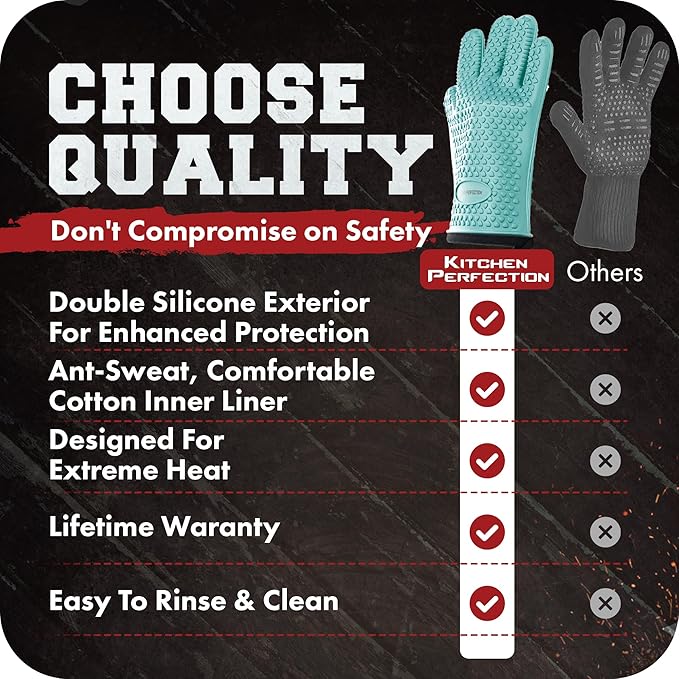 KITCHEN PERFECTION Silicone Smoker Oven Gloves -Extreme Heat Resistant BBQ Gloves -Handle Hot Food Right on Your Smoker Grill Fryer Pit|Waterproof Oven Mitts Grill Gloves |Superior Value Set+3 Bonuses