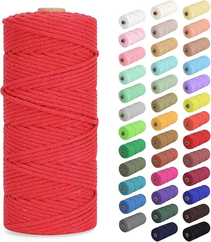 Macrame Cord 3mm x 109Yards (328Feet), Natural Cotton Macrame Rope - 4 Strands Twisted Macrame Cotton Cord for Wall Hanging, Plant Hangers, Crafts, Gift Wrapping and Wedding Decorations, Red