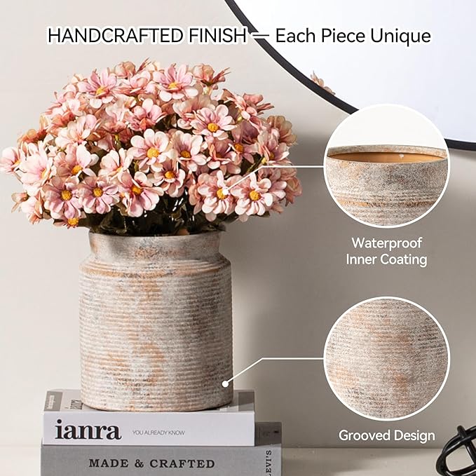 Ceramic Flower Vase 7.5 inch Farmhouse Rustic Vase for Home Decor Handcrafted Pottery Terracotta Vases for Dining Table Decor Fireplace Living Room Bathroom Wedding Centerpiece (L-Terracotta)