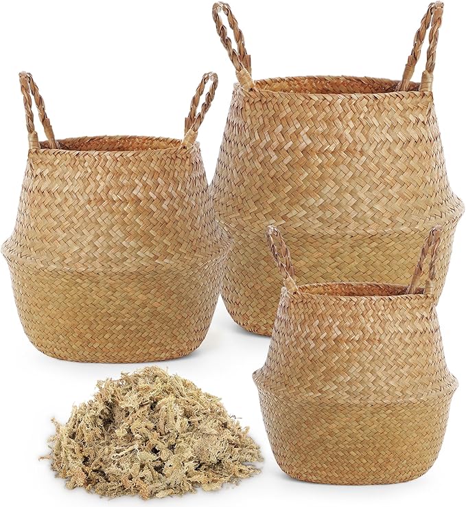 3 Pack Large Wicker Plant Basket with Handle 10 Inch Woven Seagrass Belly Basket and Artificial Moss for Plants Picnic Grocery Laundry House Storage Home Decor (Small,Medium,Large)