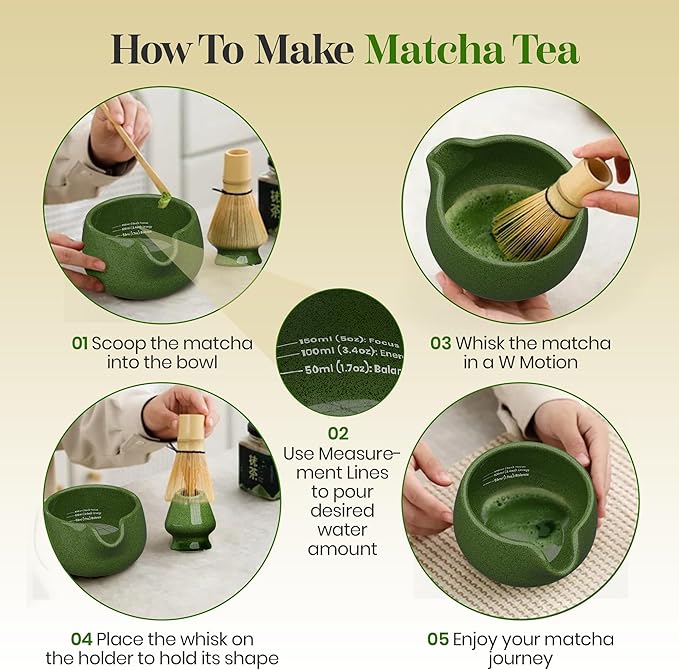 NEXTLUXE Matcha Whisk Set – Traditional Bamboo Chasen with Ceramic Bowl, Matcha Bowl and Whisk Kit - Measurement Lines, Spoon & Lid – Green