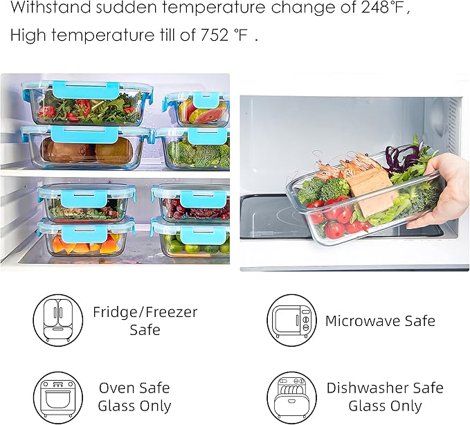 10 Pack Glass Food Storage Containers with Lids, Reusable Meal Prep Containers for Lunch, Airtight Glass Container Sets with Lids, Leak Proof, Microwave & Freezer Safe (34oz & 12oz)