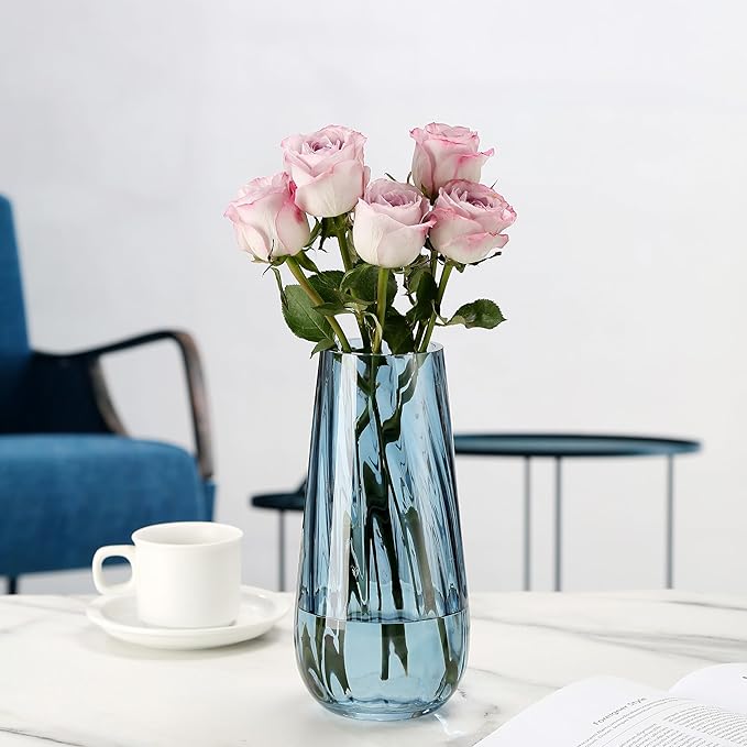 Modern Large Glass Vase H-9.8" Blue Vases for Flowers, Centerpieces and Decorative Accents - Tall Plant Vase for Office Home Table Decor