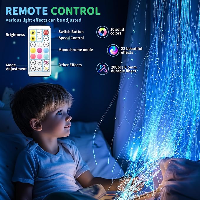 OUTREE Fiber Optic Light with RGB Remote Control, USB Rechargeable, Fiber Optic Lamp with 7 Colors 23 Lighting Effects, Sensory Room Must Haves for Bedroom, Home Decor, Party & Nightlight