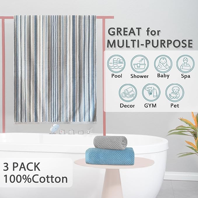 VOOVA & MOVAS Towel Set for Bathroom - 100% Cotton, Quick Dry, Thick, 3 Piece Towel Set, 1 Stripe Large Bath 30"x54", 1 Blue Hand 18"x28",1 Grey Washcloth 13"x13", Bathroom Essentials