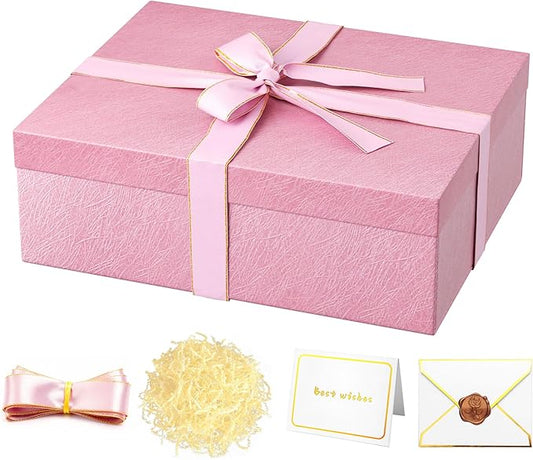 JOYIT Pink Gift Box 16.5''x13''x5.5'' - Large Gift Boxes with Lid for Presents Packaging, Birthday, Christmas, Wedding, Anniversary, Big Gift Box with Ribbon, Shred Filler, Card, Wax Seal (Pink)