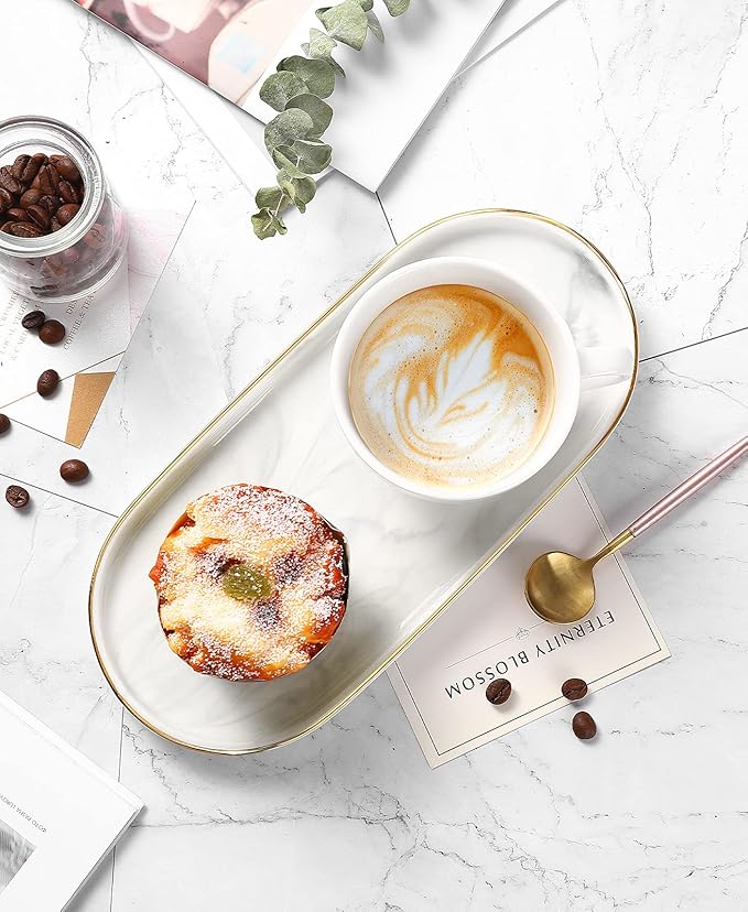 Luxspire Bathroom Vanity Tray, Marble Ceramic Dresser Jewelry Dish with Golden Rim, Decorative Tray Countertop Sink Storage Holder Organizer for Soap Candles Perfume Comestic Home Decor, Marble White