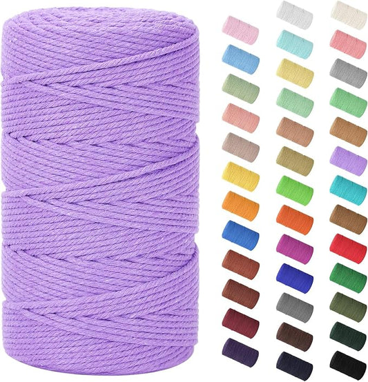 HOMEBOBO Macrame Cord 3mm x 220Yards (656Feet)Natural Cotton Macrame Rope - 4 Strands Twisted Macrame Cotton Cord for Wall HangingPlant HangersCraftsGift Wrapping and Wedding DecorationsLight Purple