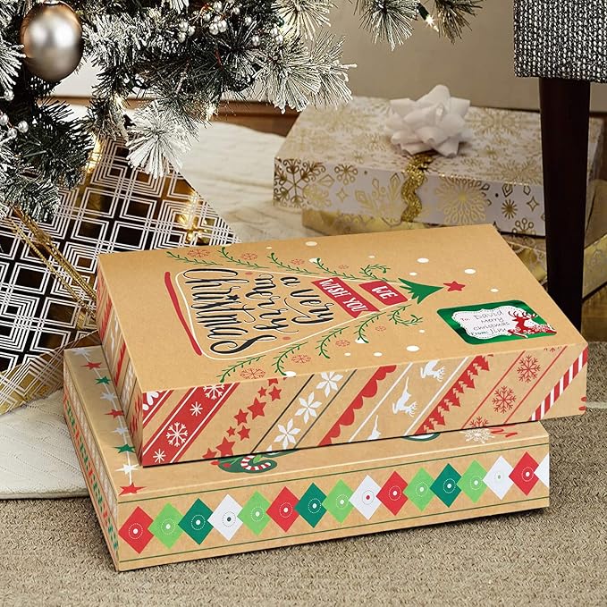 12 Kraft Christmas Gift Boxes with Lids for wrapping Large Clothes and 80 Foil Christmas Gift Stickers (Assorted size for wrapping Robes, Sweater, Coat, Shirts and Clothes xmas Holiday Present)