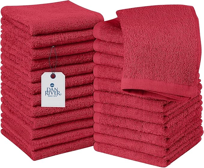 DAN RIVER 100% Cotton Wash Cloths 24 Pack [12x12] Soft & Absorbent Bath wash Cloths, Gym, Hotels & Spa Perfect for Everyday Use Fingertip Towels, Red
