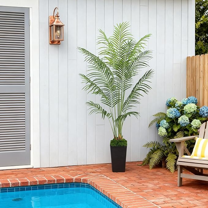 6FT Artificial Palm Tree, Tall Fake Tropical Areca Plant with Black Square Planter for Indoor Outdoor Home Decor, Realistic Faux Palm Tree for Living Room, Office, Porch, Garden