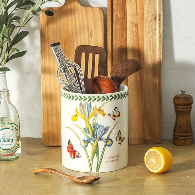 7" Flower Utensil Holder, Large Kitchen Utensil Holder Organizer , White Stable Utensil Crock Spatula Holder for Kitchen Counter Countertop Farmhouse Cooking Tools Holder(Sunflower)