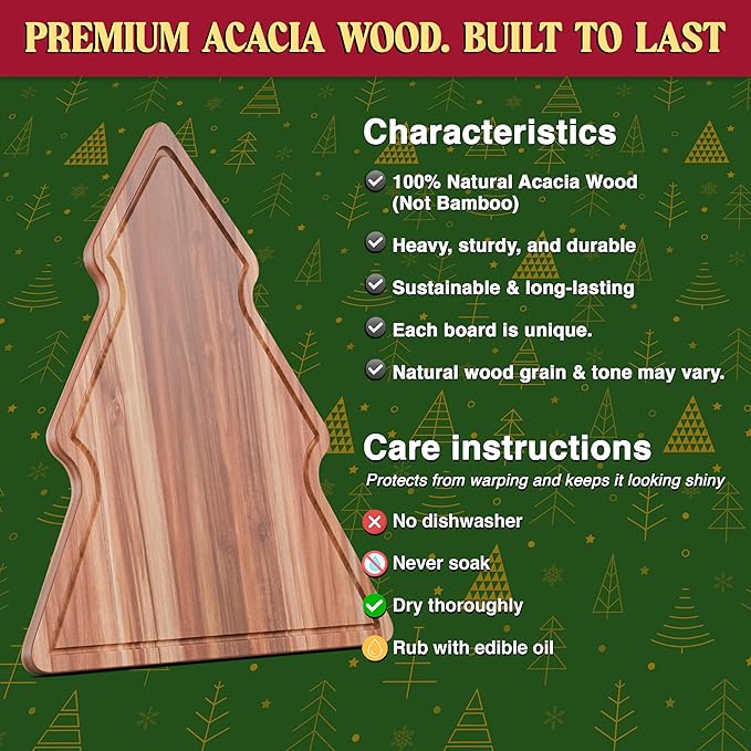 New – 17-Inch Long Large Christmas Tree Charcuterie Board – Acacia Wood Christmas Cutting Board (17x12.5in) Holiday Serving Tray, Winter Cheese Board, Wooden Christmas Platter & Kitchen Decor Gift