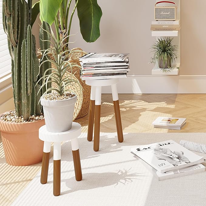 9" Reverse Dipped Wood Plant Stand, Wood Accent Stool,Milking Stool Set (12"+16" Tall)