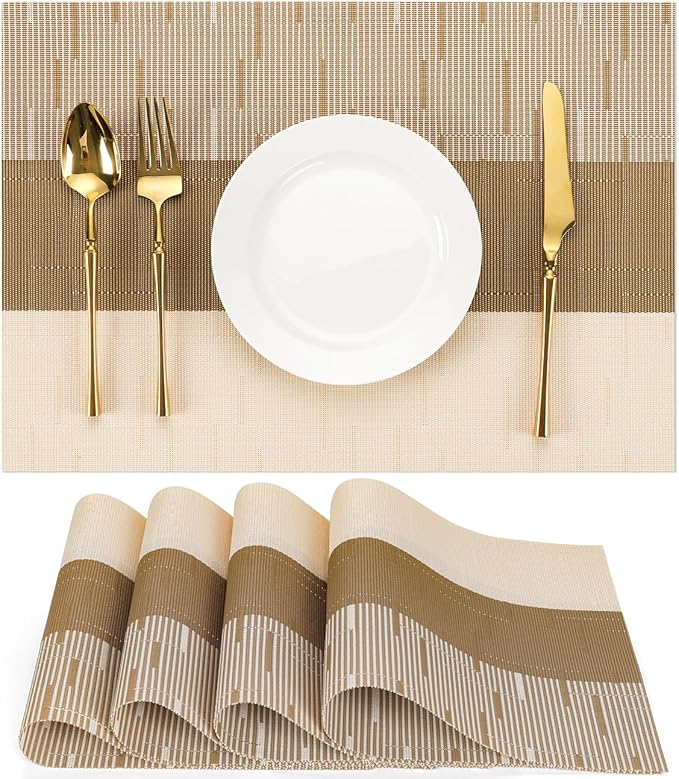 Placemats Set of 4, Vinyl Woven Place Mats Indoor Set of 4 Washable Wipeable PVC Table Mats Heat-Resistant Non Slip Placemat for Kitchen Dining Outdoor Table (Beige Light Brown, Set of 4)