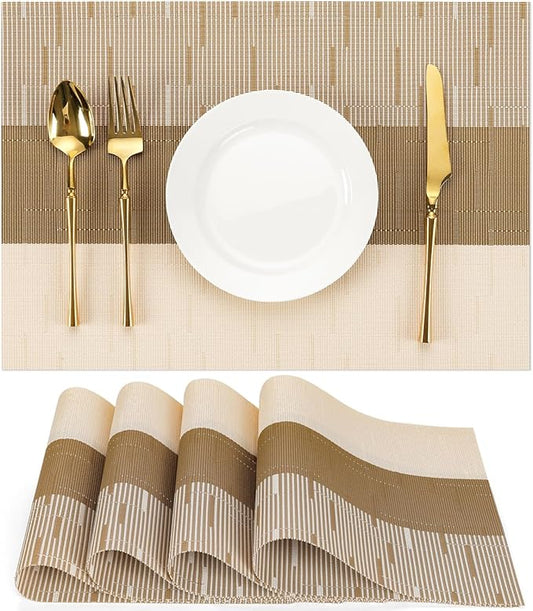 Placemats Set of 4, Vinyl Woven Place Mats Indoor Set of 4 Washable Wipeable PVC Table Mats Heat-Resistant Non Slip Placemat for Kitchen Dining Outdoor Table (Beige Light Brown, Set of 4)