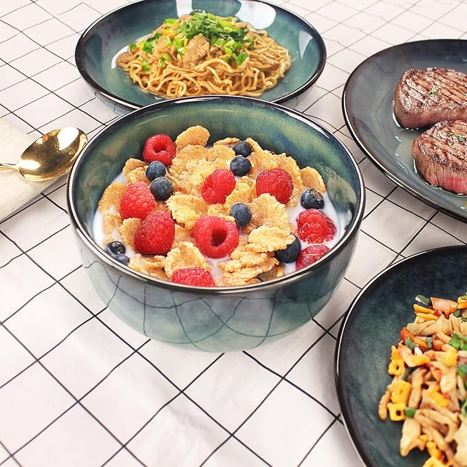 Ceramic Dinnerware (16 pcs) Serve 4 people, Plates and Bowls Sets, Reactive Glaze Dishes Set, Chip Resistant and Scratch Resistant, Dishwasher Microwave Safe, Suitable for dinner, parties