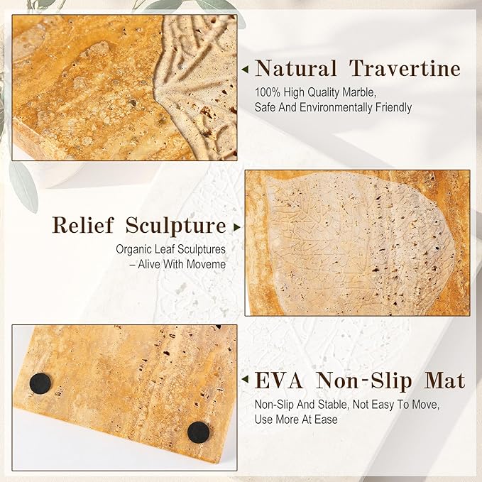 Marble Leaf Embossed Tray, Natural Golden Travertine Vanity Decorative Marble Tray for Bathroom, Jewelry, Kitchen and Desktop, Decorative Stone Pallet for Cosmetics, Perfume and Home Decor