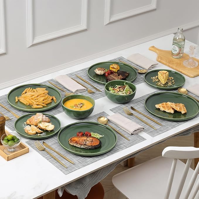 Vicrays Ceramic 12 Pieces Dinnerware Set - Dinner Plates Salad Plates Cereal Bowls Set Service for 4 - Scratch Resistant Microwave Oven Dishwasher Safe - Green