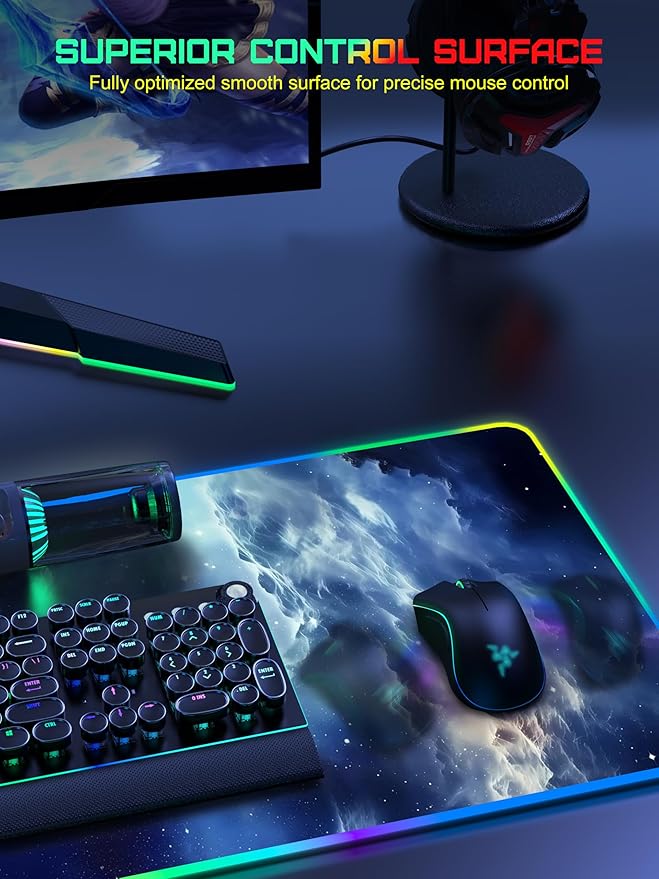 TopMade Wireless Charging Mouse Pad, RGB Gaming Mousepad, 35.4" x 15.8" Extra Large Waterproof Keyboard Desk Pad, Computer Desk Mat, Blue Nebula (Includes 20W PD Power Adapter & 6.56ft Woven Cable)