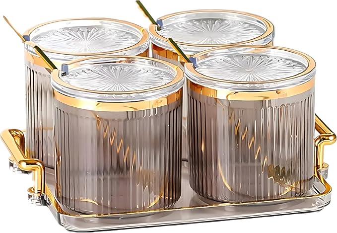 Acrylic Condiment Spice Jars,Condiment Spice Box With Lids and Spoons and Tray,Clear Plastic Condiment Canisters,Seasoning Box 4 Pack,Seasoning Box Set for Kitchen to Storage Salt,Paprika,Sugar