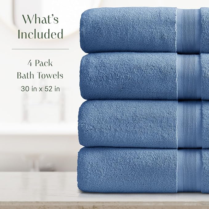 Springtree Home Luxury Bamboo Rayon Bath Towel Set of 4 | 35% Bamboo Rayon - 65% Cotton | Absorbent Quick-Dry Towels for Bathroom | Oeko-TEX Standard 100 Cotton | Mediterranean Blue