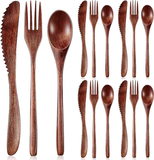 Portable Wood Flatware Set for Eating Lunch Utensils Silverware Set Wooden Cutlery Set eating utensil sets wooden Reusable Wood Utensils for Eating 13 Pcs Travel Wooden Spoons Forks with Case