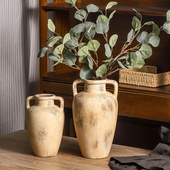 Ceramic Rustic Vase for Flower, 8.85 inch Tall Terracotta Christmas Vases with 2 Handles, Farmhouse Vase for Home Decor, Living Room Shelf Decor, Enterway, Table, Lyeec