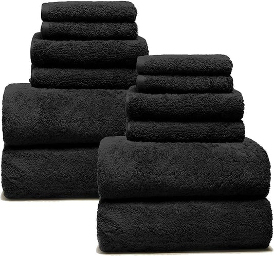 Italic Ultraplush 12-Piece Family Towel Set – Luxury Bath Towels, Hand Towels & Washcloths – Plush, Quick Dry, 800GSM 100% Australian Cotton for Bathroom & Spa (Black)