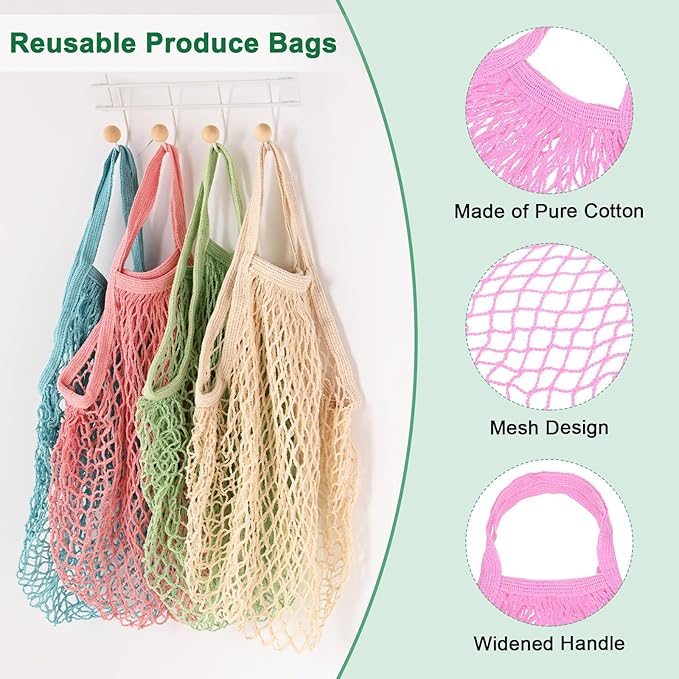 1-Pack Cotton Mesh Bag, Reusable Washable Mesh Net String Grocery Bags, Reusable Produce Bags with Handle, Net Tote Bag for Fruits/Vegetables Shopping [Pink, Short Handle]
