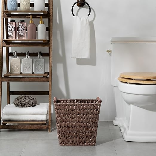 GRANNY SAYS Woven Trash Basket, Brown Wastepaper Basket with Handles, Wicker Bathroom Trash Can for Dorm Laundry Room, 1-Pack, 13" x 7 ½" x 12 ½"