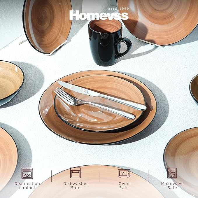 Sonoma 16pc Stoneware Dinnerware Set, Outside Black + Inside Hand Painting Color Mocha