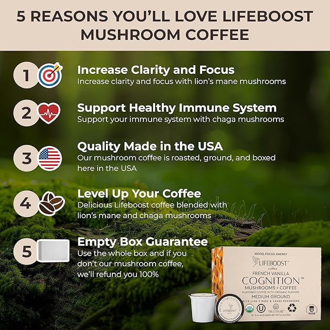 Lifeboost French Vanilla Cognition Mushroom Coffee Pods - Low Acid Organic K-Cups with Lion’s Mane & Chaga Nootropic Mushrooms for Focus, Energy & Immune Support - 10 Count