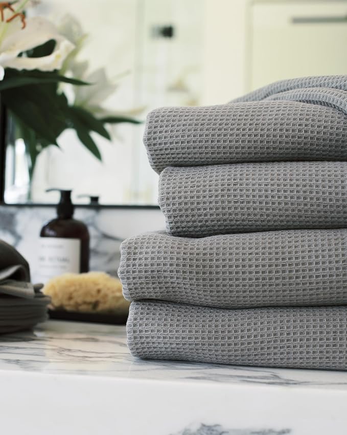Cozy Earth Waffle Bath Towels - 60% Cotton 40% Viscose from Bamboo Bath Towels 30 x 58 Inches - Soft & Absorbent Terry, Reversible Mini Textured Waffle & Weave Pattern - 2 Pack