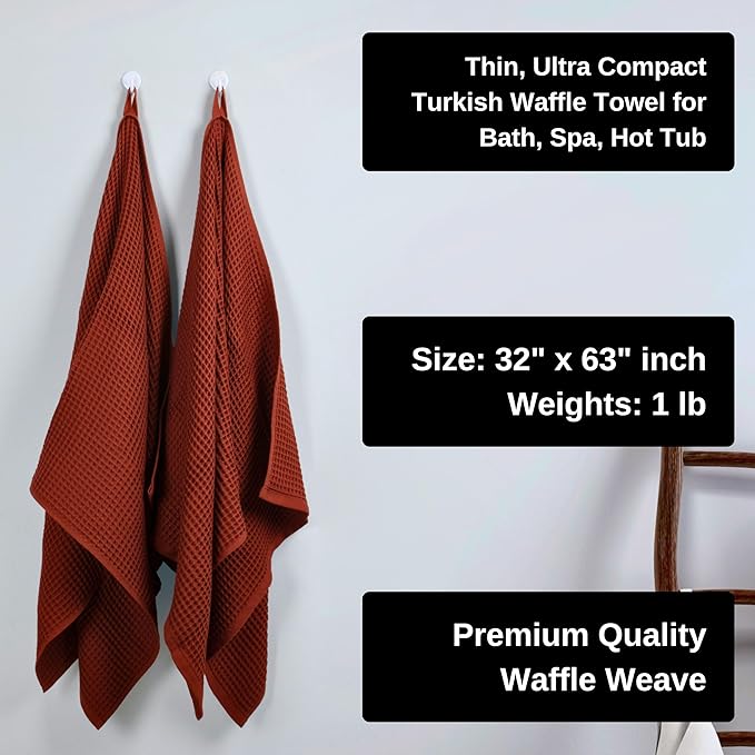 PÜSKÜL Premium Waffle Bath Towels Set of 2 - Organic 100% Turkish Cotton Bath Towel - Quick Dry, Absorbent, Light, Thin, 32x63 Large Waffle Towels for Bathroom (Red Brick Bath Towels - Pack of 2)