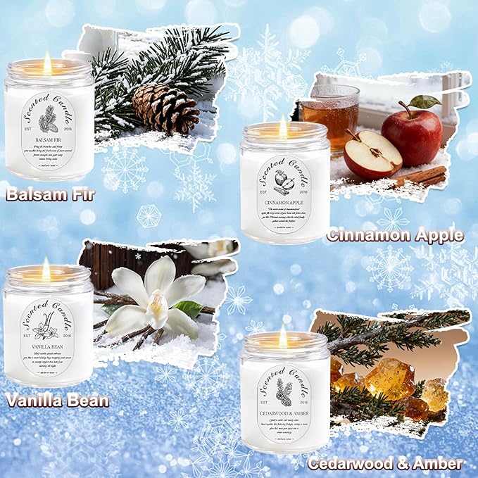 Winter Candle Gift Set, 4 Pack 28oz Soy Wax Scented Candles for Home – Cinnamon Apple, Balsam Fir, Vanilla Bean, Cedarwood & Amber – Cozy Aromatherapy Candles for Christmas, Holiday & Home Decor Gifts