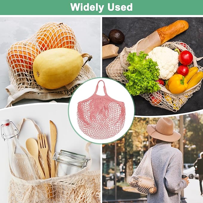 2-Pack Cotton Mesh Bag, Reusable Washable Mesh Net String Grocery Bags, Reusable Produce Bags with Handle, Net Tote Bag for Fruits Shopping [Pink-Gray, Long&Short Handle]
