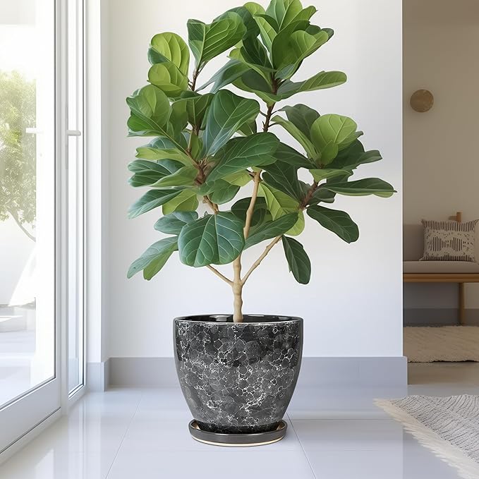 Ceramic Pots for Plants - 10 Inch Planter for Indoor Outdoor, Decorative Round Flower Pot with Drainage Hole and Saucer, Garden Patio Living Room Home Decor, Housewarming Gifts, Grey